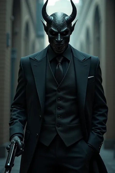 A man in a fancy suit with a devil mask and a vesra walther 360 handgun and a black bulletproof vest 