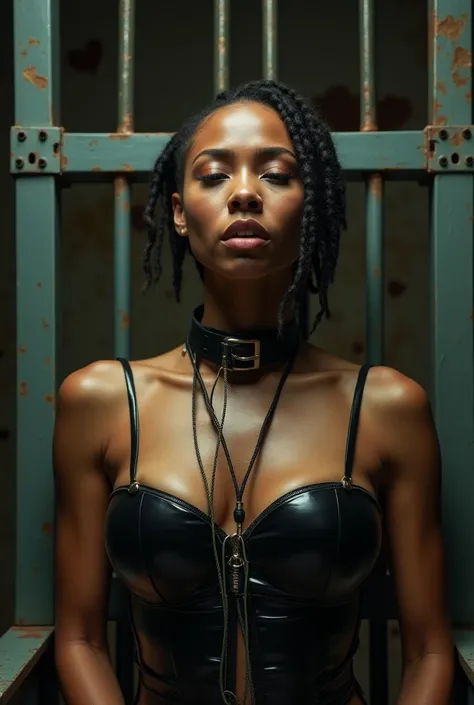 woman in electric chair, bound to electric chair, restrained, electrodes on body, wires, woman being electrocuted, convulsing, execution, latina woman, young, naked, short african braids, septum piercing, dimples, thick belt around neck, naughty expression...