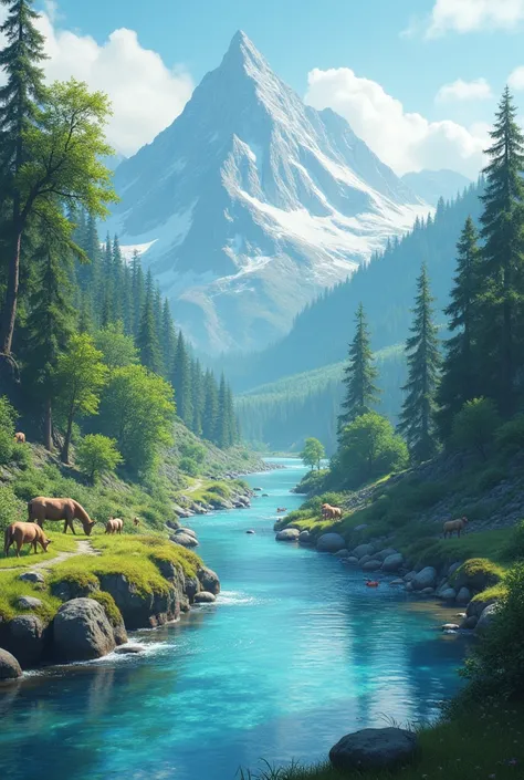 create a river view with various kinds of animals playing and behind the river there is a mountain view