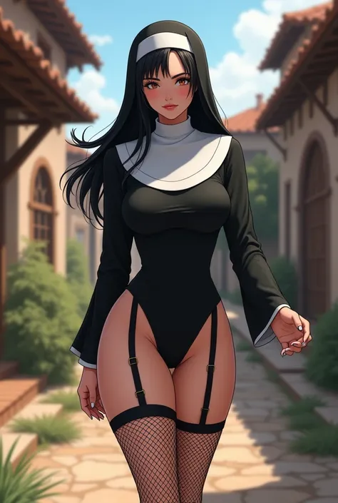 Young woman,​Twenty-five years old, Beautiful face, long black hair, Wearing a tight nun costume, Reveal long legs, Wear black fishnet stockings., Big chest, Thin waist, Big butt, Walking in a medieval western village, Anime drawing style 2.5D