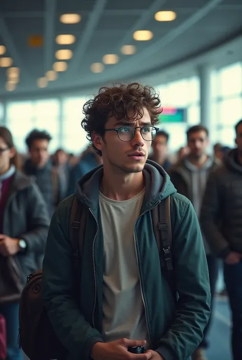 Create a vivid, detailed drawing of a scene depicting a 28-year-old man with curly hair., wearing glasses, with about 1,80 m tall and 78 kg, waiting to board a flight from Sinop Mt airport to Santarém. He should be dressed in casual clothes and carrying a ...