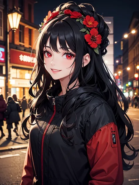 woman, red eyes, black  long wavy hair, wearing flowers on her head. she smile. she is mature women. wear winter jacket. background in town