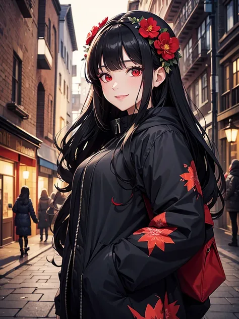 woman, red eyes, black  long wavy hair, wearing flowers on her head. she smile. she is mature women. wear winter jacket. background in town. have bangs