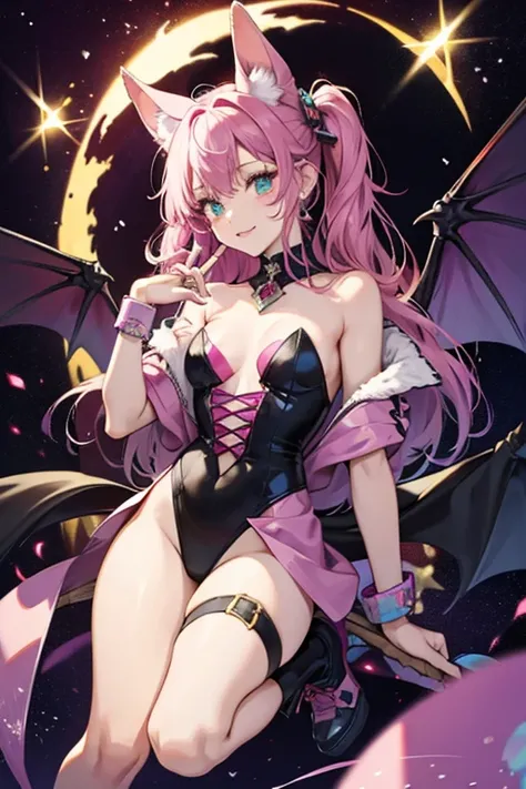 Vampy is a purple girl bat with pink, green, turquoise, orange, and yellow firework-like markings all over its , a white muzzle, and blue ears. she also has red cheeks. Vampy also has coloured spots all over her  And purple wings, legs and the outside of h...