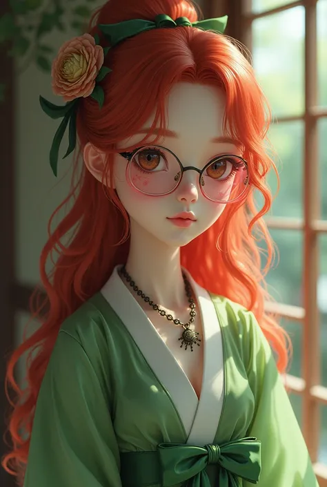 Create an image of a character with:

round face doll eyes and green coquette style outfit with scars 1,78 tall long hair, wavy and red Realistic Japanese descent Glasses transparent pink