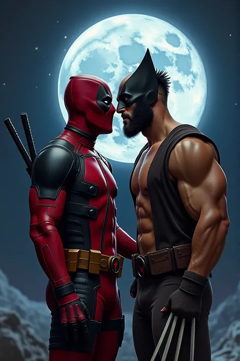 deadpool and Wolverine fucking a man, men having sex on the moon, space, fat and strong men, hairy chest, muscular chest, orgy, oral sex, ejaculating semen, drained semen, Semen on the breasts, hairy chest, blowjob,