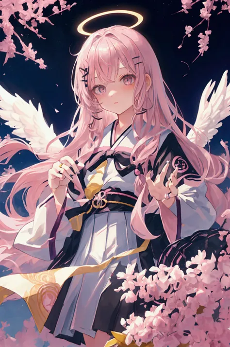 an angel. a beautiful girl with silver long hair, gray eyes. pink hair gradations, wearing a japanese school seifuku uniform, we...