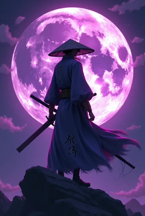 Uper moon 1 kokoshibo with purple moon in his background showing his sword and write something cool in Chinese on moon and wearing a straw hat and write something cool in Chinese on the moon with white colour and moon is center of his body and he has no fa...