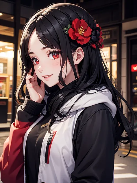 woman, red eyes, black  long wavy hair, wearing flowers on her head. she smile. she is mature women. wear winter jacket. background in town. 