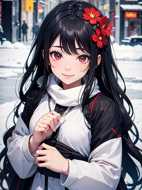 woman, red eyes, black  long wavy hair, wearing flowers on her head. she smile. she is mature women. wear winter jacket. background in town. 