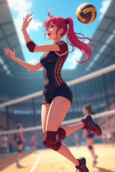 Make an anime girl playing volleyball in extremely tight clothes