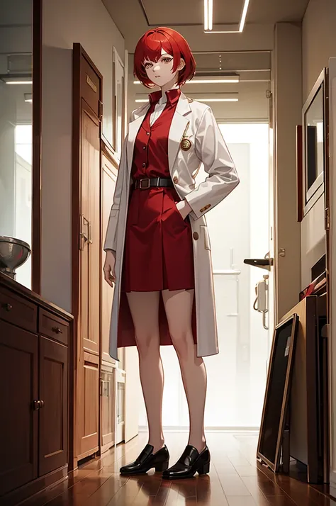 1woman, tall, red hair, short hair, gold eyes, lab coat, button down shirt, skirt, standing on ground, high res, ultra sharp, 8K, masterpiece