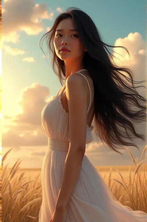 Genuine Summer Sky Beautiful Girl Long Black Hair Big Tits