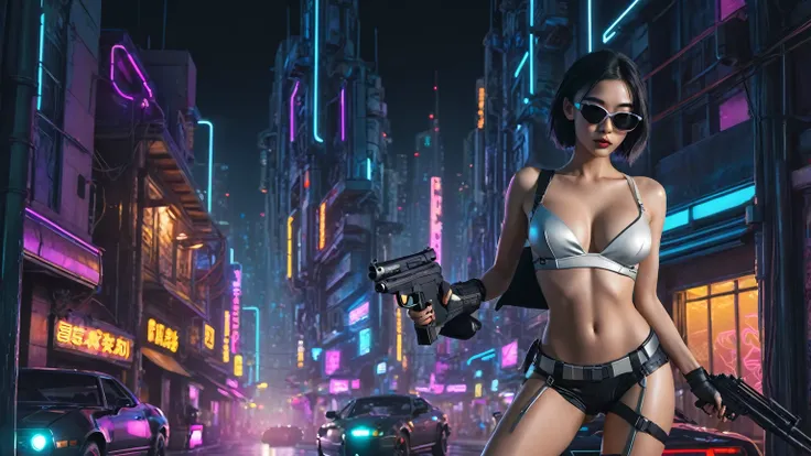 comic style cyberpunk city, line art background, flying cars, at night. (1girl, solo), photo realistic, medium-breast:1.3 slim body, cleavage, sling top, miniskirt, black sunglasses, holding a short gun, half-body thigh level medium shot, cinematic lightin...