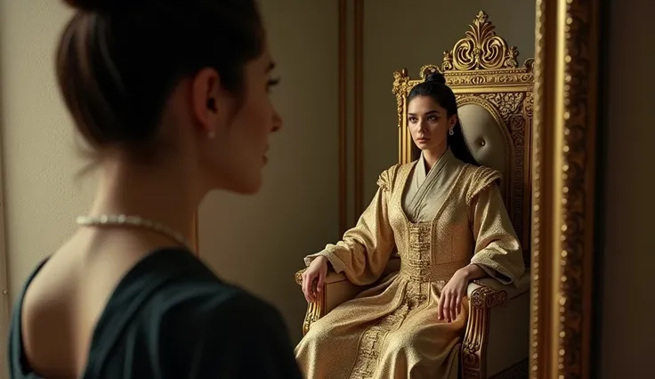 30 year old woman looking in the mirror and seeing in the reflection the image of a man sitting on a golden throne, referring to the figure of a powerful emperor