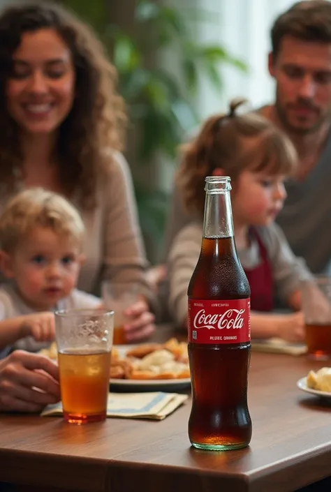 family sitting at the table drinking coke soda during the day

