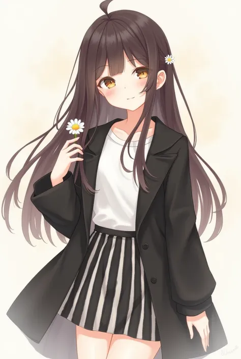 drawing style a girl with long dark brown hair with brown eyes in a black coat and a white outfit with a black striped skirt soft cute smiling with a flower
