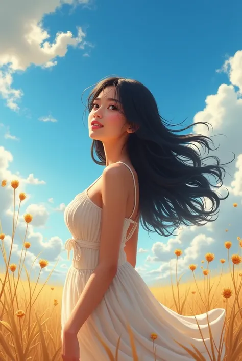 Real summer sky beautiful girl long black hair big breasts more cute big breasts