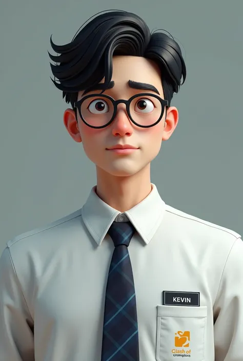 (photorealism:1.2), A young male character with a friendly and wise demeanor, ideal for representing intelligence, creativity and modern academic themes.   He had short black hair that was neatly combed and wore round glasses that added a scientific touch ...