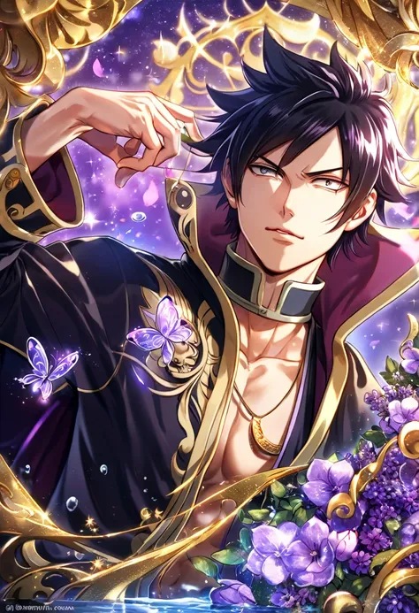 absurdres, highres, ultra detailed, HDR, master piece, best quality, Zeref Dragneel, black hair, expressive gray eyes, Fairy Tail, solo, sexy man, handsome, sensual, black robes with high collar, golden trimmings, pendant, fantasy, magical, shining, purple...