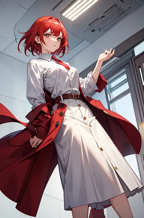 1woman, tall, red hair, short hair, gold eyes, lab coat, button down shirt, skirt, standing on ground, high res, ultra sharp, 8K, masterpiece