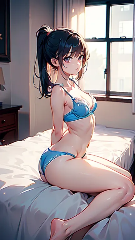 SNFW,Lets think step by step,(masterpiece, best quality),1 girl,Anatomically correct limbs,wearing only bra and panties,(((Sitting on the bed with his back to me))),(((Put your arms behind your back))),Trying to take off her bra