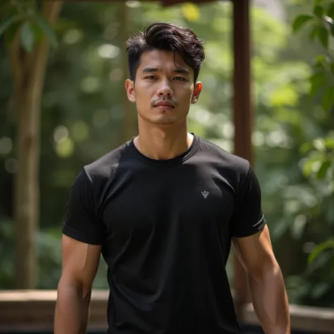 Located in a resort surrounded by nature、Male model at a personal gym wearing a black T-shirt,Asian