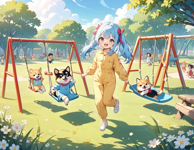 Light blue long hair、Twin-tailed Girl、Yellow denim jumpsuit、A park full of grass and flowers、There are slides and swings、Five little characters playing、My beloved Shiba Inu dog is running around happily.、