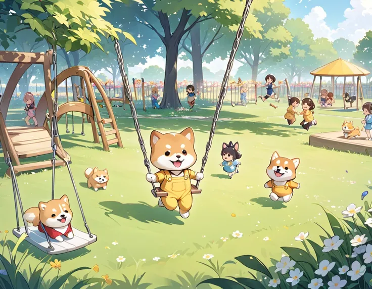 Light blue long hair、Twin-tailed Girl、Yellow denim jumpsuit、A park full of grass and flowers、There are slides and swings、Five little characters playing、My beloved Shiba Inu dog is running around happily.、