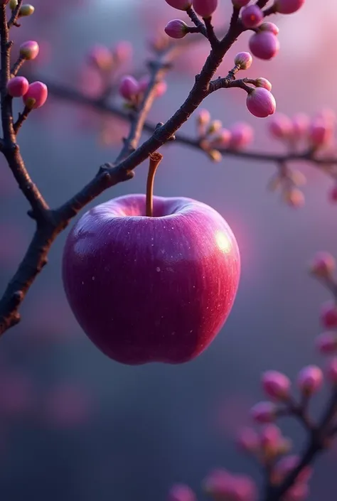 A purple apple on a shining branch