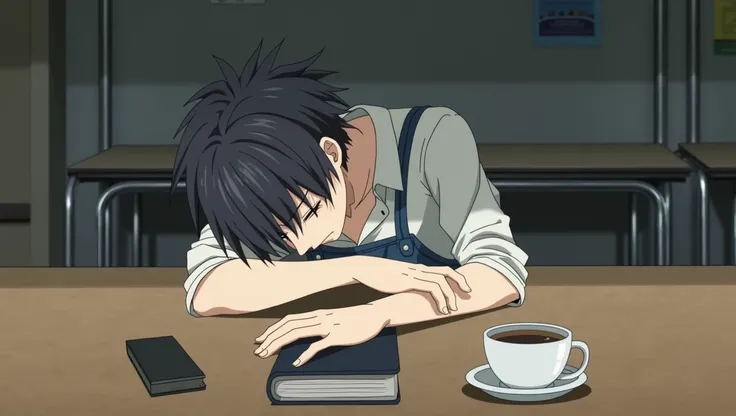 Anime image of a boy with a white shirt and a strap of blue overall sitting at a table with a cell phone, the image depicts a young man sitting at a desk with a notebook black, a phone, and a cup of coffee. The man is leaning on his elbow and has his head ...