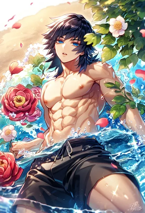 Ultra detailed, HDR, Highres, absurdres, master piece, Tomioka Giyuu, black hair, expressive blue eyes, without shirt, bare chest, toned chest, Kimetsu No Yaiba, sexy man, handsome, flowers, petals, fantasy, magical, green leaves, handsome, best quality, g...