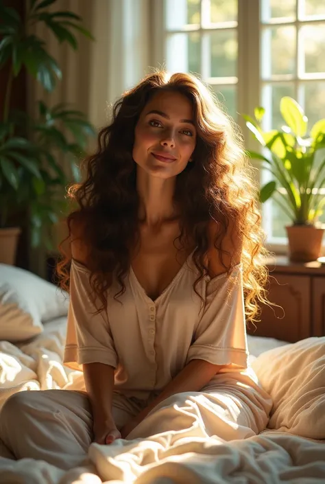 (photorealism:1.2), beautiful woman, sitting on bed, wearing loose off-shoulder top, pajama pants, long curly hair, indoors, soft lighting, plants in background, window with sunlight, cozy room, relaxed pose, realistic, intricate details, warm colors, by G...