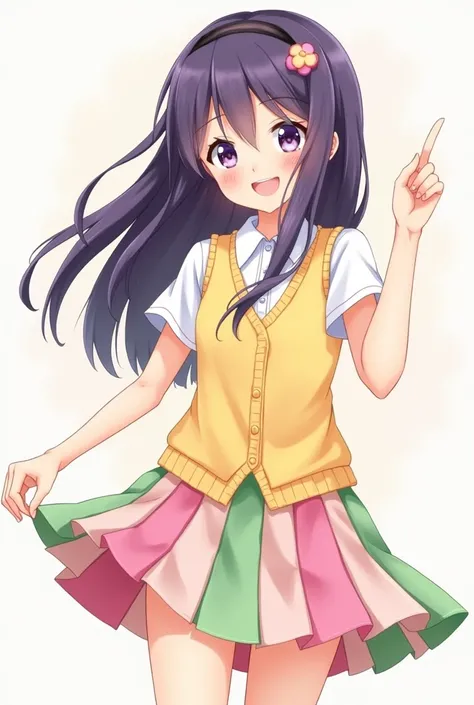 (drawing style) a girl with long dark purple hair and purple eyes wearing a yellow school vest with a cute soft cheerful pink and green skirt with a 