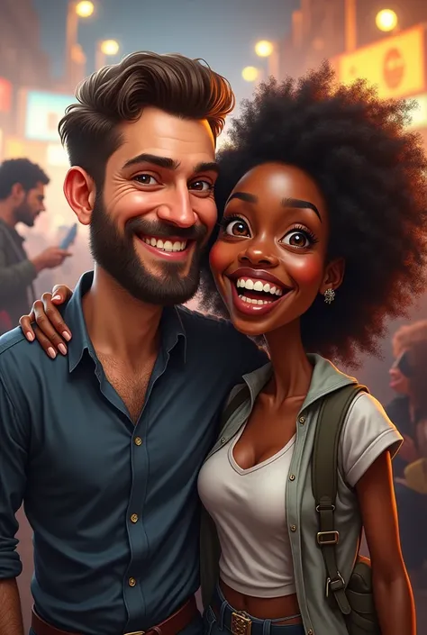 Boyfriend playing Warhammer tournament, winnig , beautiful black girlfriend happy supporting , caricature, 