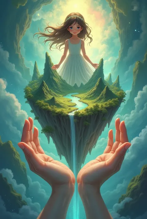 Draw a girl holding an island with her hands