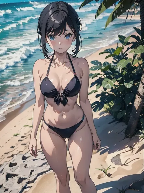 (8k, RAW Photos, Highest quality, masterpiece:1.2), High-quality RAW color photos,Anime-style 3D, Smooth anime CG art, 3d anime girl,Woman in bikini posing for photo, Photorealistic perfect body,Good young girl, Small breasts、(solo:1.6)、Beach、Anatomically ...