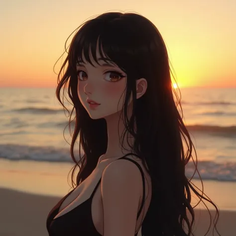 Black hair female model、Seaside at sunset、