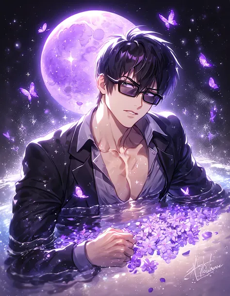 absurdres, highres, ultra detailed, HDR, master piece, best quality, Nicholas D Wolfwood, black hair, expressive gray eyes, black sunglasses, Trigun, solo, sexy man, handsome, sensual, manly man, black jacket, gray shirt, fantasy, magical, shining, purple ...