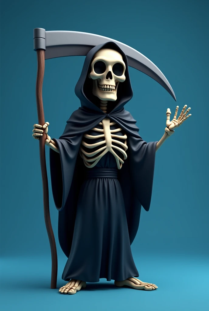 Death in black hooded skeleton dark happy animated male version with a scythe and all blue background