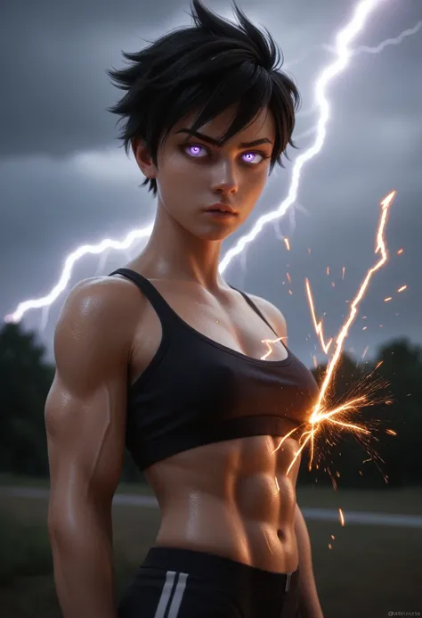 Masterpiece, Best Quality, 3D, 1girl, female, tomboy, toned, black hair, short hair, lightning, sparks, purple eyes, glowing eyes, sparks on skin, lightning on skin