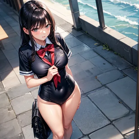 A woman with a growing penis　A woman wearing a school uniform and a shiny black high-cut school swimsuit