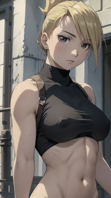 masterpiece, highest quality, High resolution, One Girl, Hamriz, ponytail, Brown eyes,belt, Covered navel, Blue pants,indoor、Upper body close-up、Muscular body、blush、Sweat、Composition from the front、アニメ、(((NSFW、Close-up of a person、Upper body naked、belly bu...