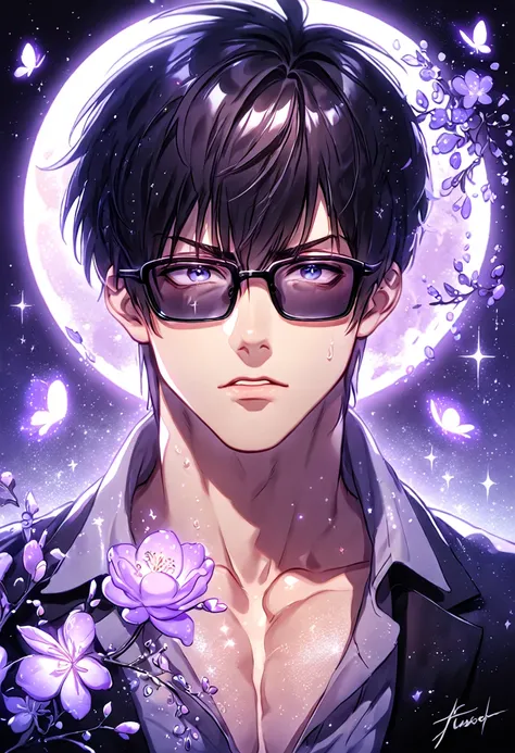 absurdres, highres, ultra detailed, HDR, master piece, best quality, Nicholas D Wolfwood, black hair, expressive gray eyes, black sunglasses, Trigun, solo, sexy man, handsome, sensual, manly man, black jacket, gray shirt, fantasy, magical, shining, purple ...