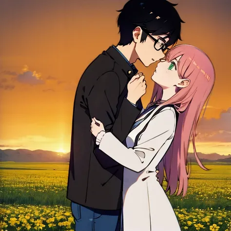 1 boy with black hair, red jacket and glasses romantically kissing a girl with pink hair and green eyes flower field in the background, amor verdadero, mejillas sonrojadas, alta calidad 