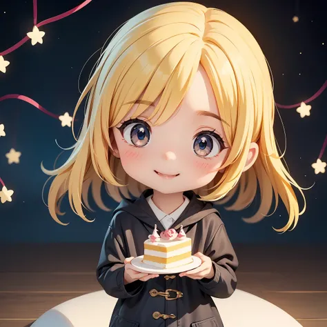 Super Chibi Character：1.8、Blonde Hair、Cute 7 year old girl、Random cute outfits、Super Chibi Character：1.8、smile、Super Smile、Looking at the cake in his hands、Looking at the cake in his hands