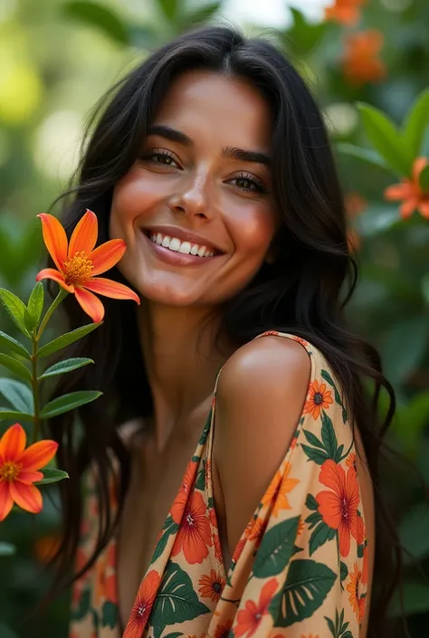 A Brazilian woman in a lush tropical garden, wearing an open shirt with a floral print, with a close-up capturing the harmonious beauty between her breasts and the natural flowers, showing off your natural charm and outgoing personality.