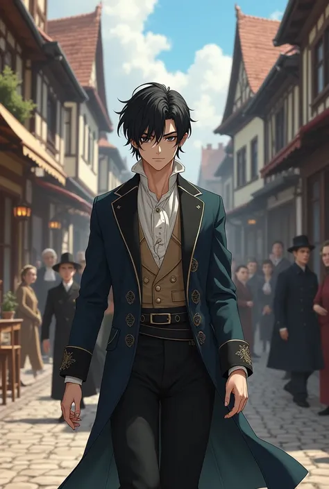 young man, Eighteen years old, handsome face, black hair,white skin, Wearing Central European clothing, Walking in Central Europe, Anime drawing 2.5D