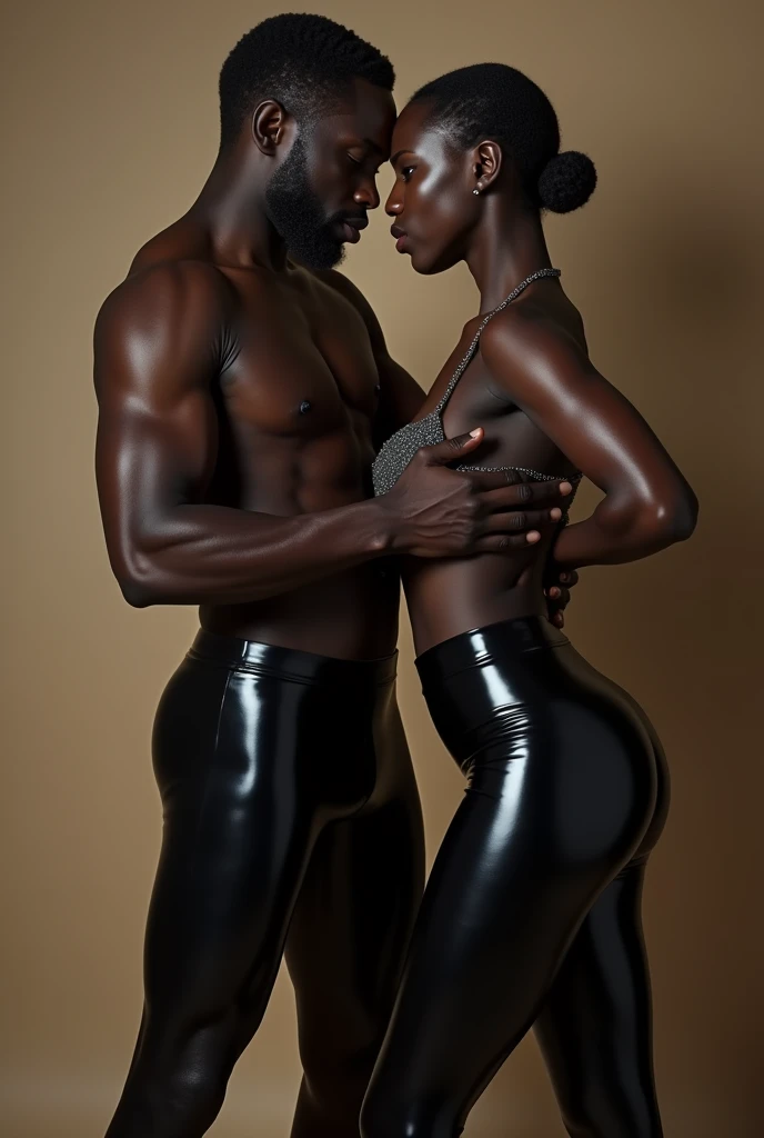 Big black cock naked black man fucking the ass of a topless bent over chubby African girl in skin tight very shiny rubber latex leggings