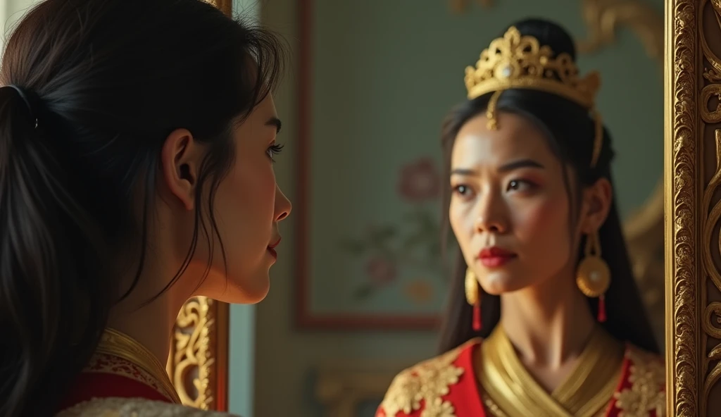 30 year old woman looking in the mirror and seeing in the reflection the image of a man sitting on a golden throne, referring to the figure of an emperor, convey a lot of depth